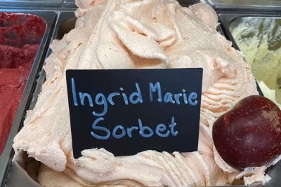 Äppelsorbet gjord på Ingrid Marie-äpplen i en rostfri stålform, garnerad med ett klarrött äpple.