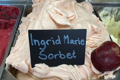 Äppelsorbet gjord på Ingrid Marie-äpplen i en rostfri stålform, garnerad med ett klarrött äpple.